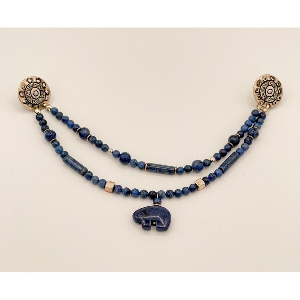 Vtg Western Chain Collar Tips - Lapis Lazuli Beaded Bear Pendant - Bear Fetish